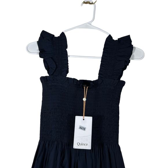 New Quince Navy Blue Organic Cotton Poplin Smocked Midi Dress Women's Small - Picture 2 of 9